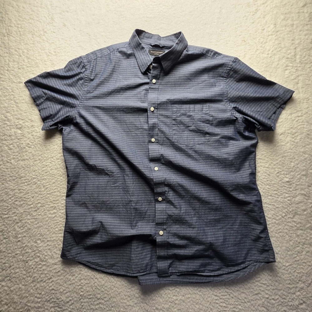 Banana Republic Shirt Mens 2XL Blue Stripe‎ Short Sleeve Soft Wash Button-Up